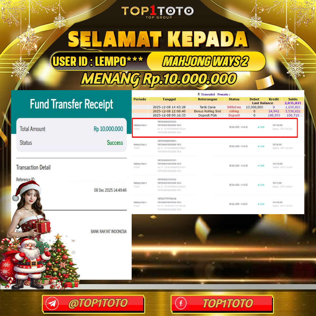 TOP1TOTO JACKPOT SLOT MAHJONG WAYS 2 Rp.10.000.000  - LUNAS USER ID : LEMPO***