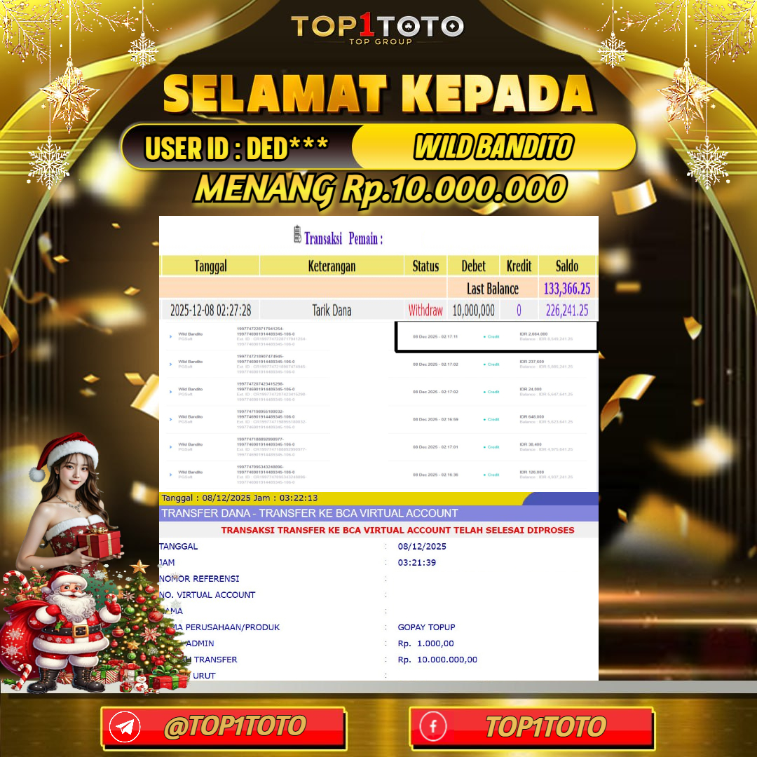 TOP1TOTO JACKPOT SLOT WILD BANDITO Rp.10.000.000 - LUNAS USER ID : DED***