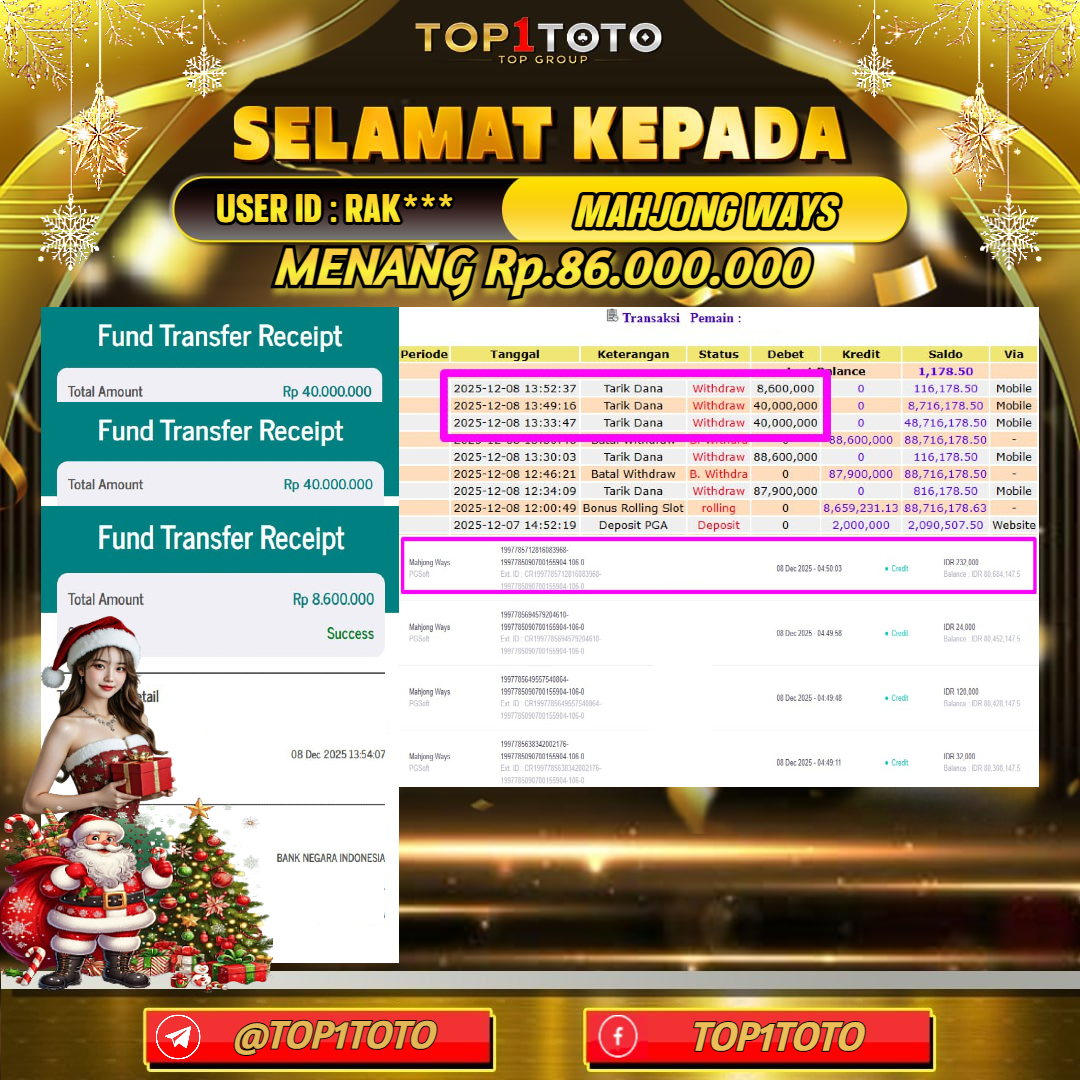 TOP1TOTO JACKPOT SLOT MAHJONG WAYS Rp.86.000.000  - LUNAS USER ID : RAK***