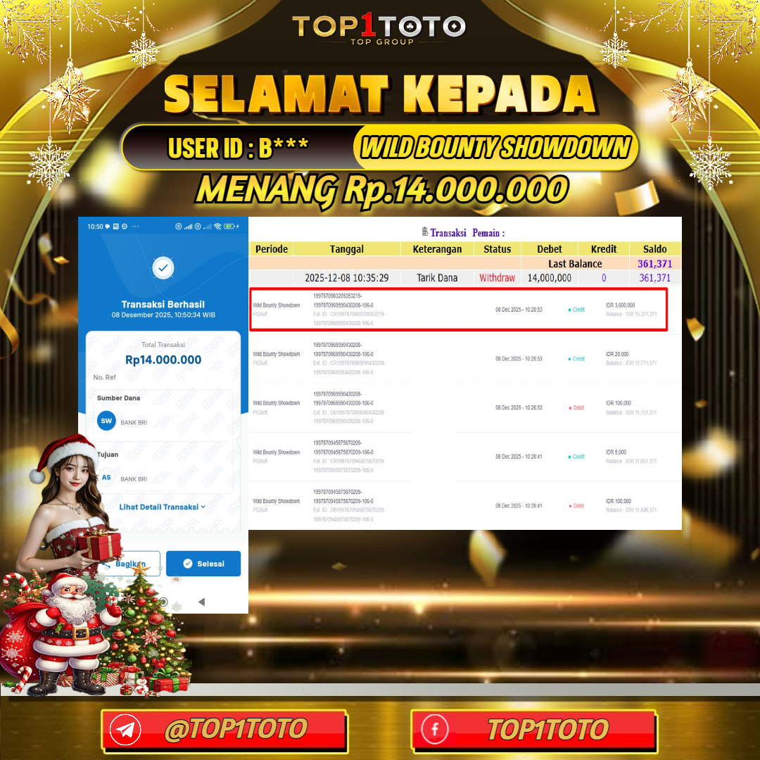 TOP1TOTO JACKPOT SLOT WILD BOUNTY SHOWDOWN Rp.14.000.000  - LUNAS USER ID : B***