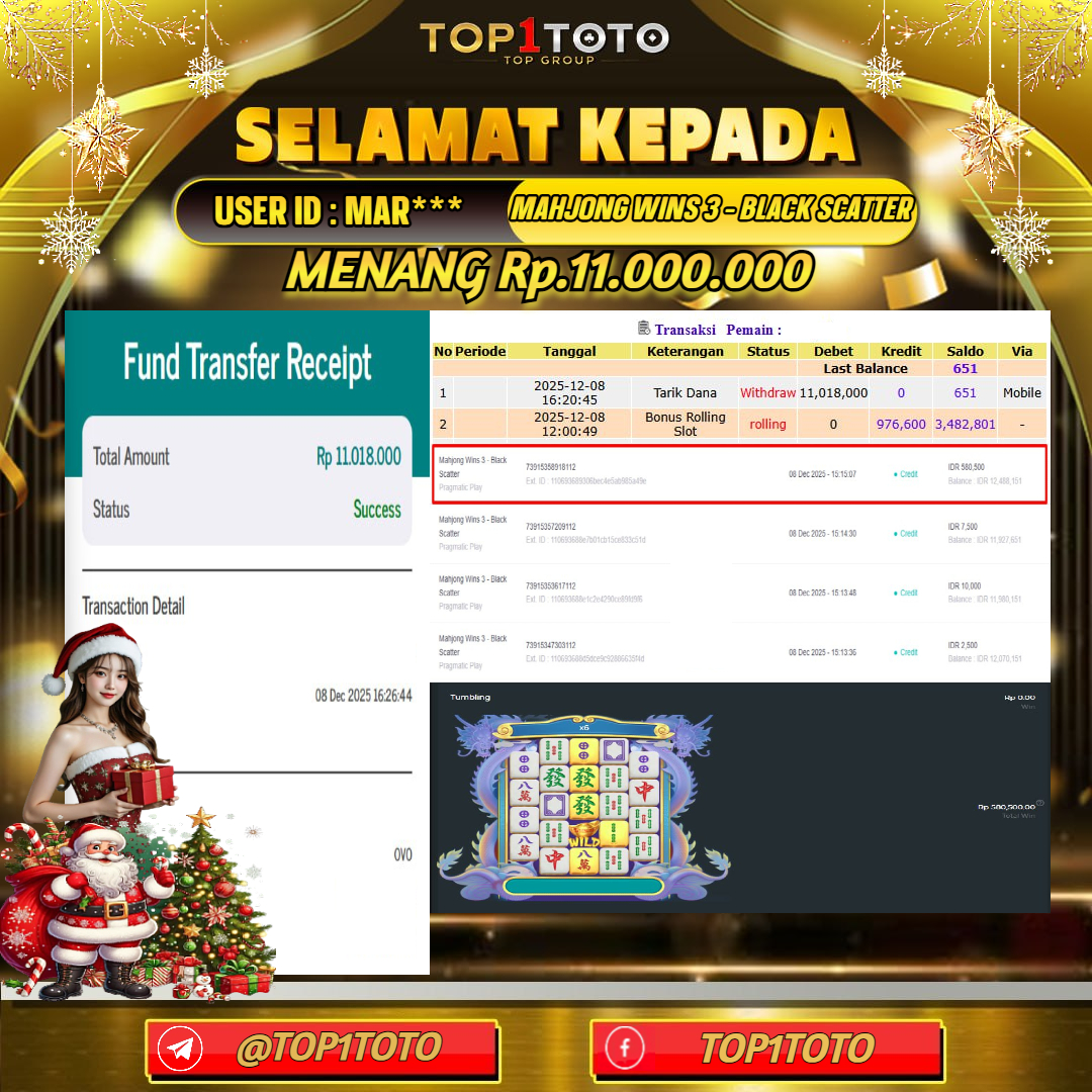 TOP1TOTO JACKPOT SLOT MAHJONG WINS 3 - BLACK SCATTER Rp.11.000.000  - LUNAS USER ID : MAR***