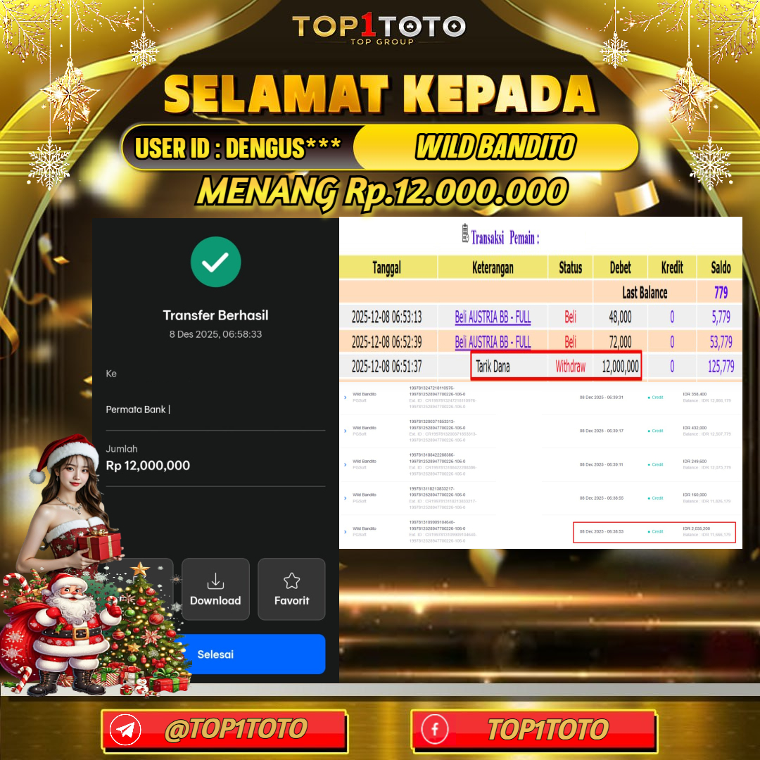 TOP1TOTO JACKPOT SLOT WILD BANDITO Rp.12.000.000 - LUNAS USER ID : DENGUS***