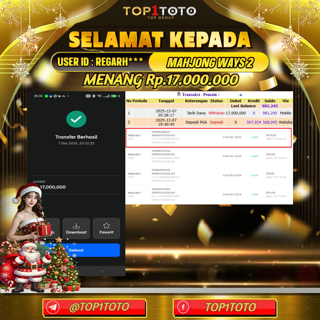 TOP1TOTO JACKPOT SLOT MAHJONG WAYS 2 Rp.17.000.000  - LUNAS USER ID : REGARH***