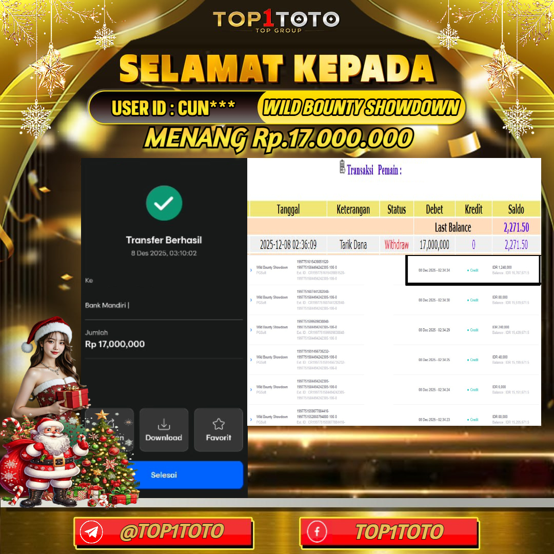TOP1TOTO JACKPOT SLOT WILD BOUNTY SHOWDOWN Rp.17.000.000 - LUNAS USER ID : CUN***