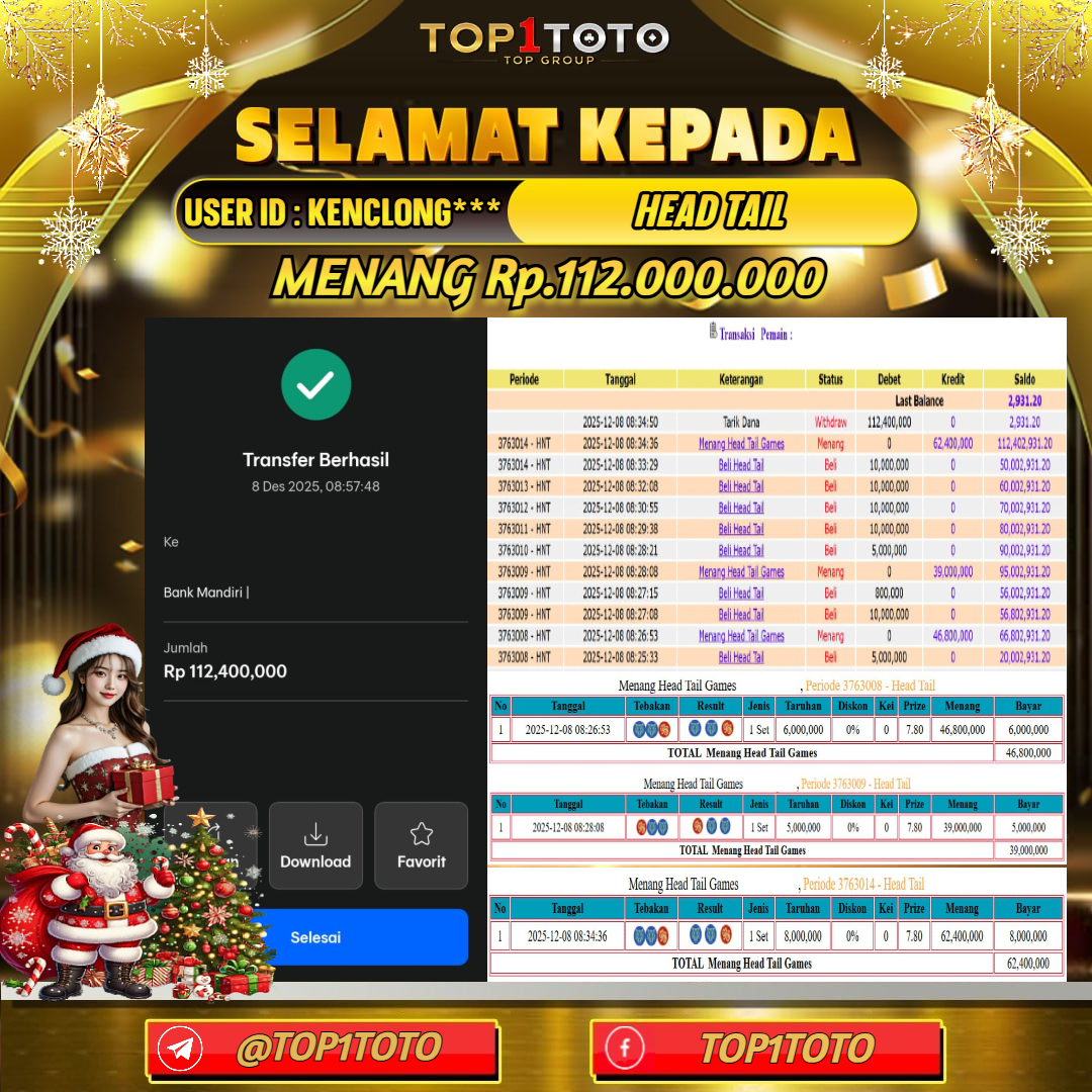 TOP1TOTO JACKPOT LIVE GAMES HEAD TAIL Rp 112.000.000 - LUNAS USER ID:KENCLONG***